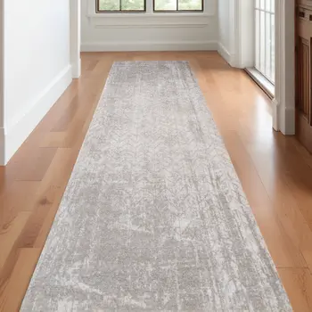 10' Gray And White Chevron Runner Rug
