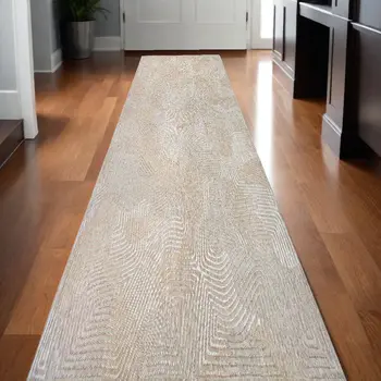 10' Beige And White Abstract Runner Rug