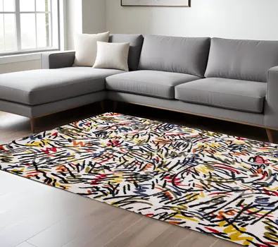 7' X 9' White Abstract Non Skid Area Rug