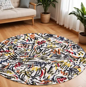 8' White Round Abstract Non Skid Area Rug