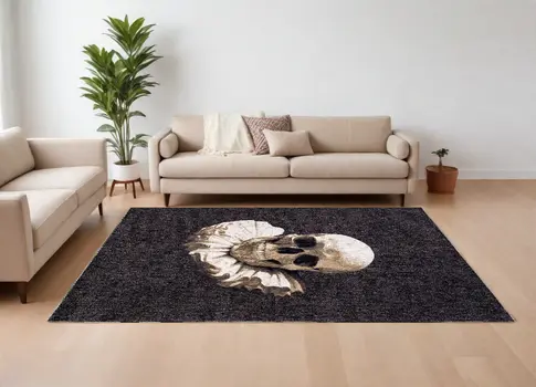 7' X 9' Black and White Funky Skull Non Skid Area Rug
