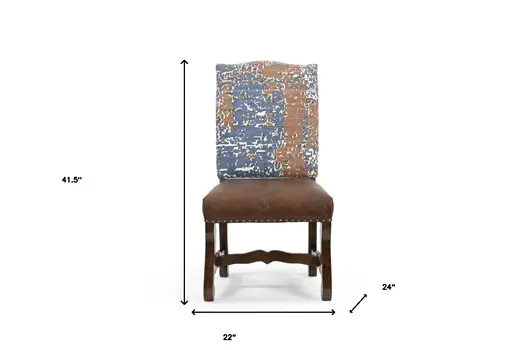 Set of Two Blue And Brown Solid Wood Upholstered Chenille And Leather Dining Side Chairs