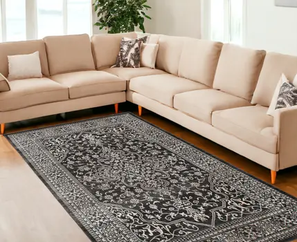 8' X 10' Black and Ivory Oriental Distressed Area Rug