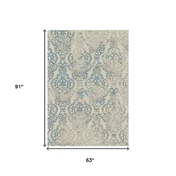5' X 8' Ivory Blue and Gray Damask Distressed Area Rug