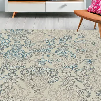 5' X 8' Ivory Blue and Gray Damask Distressed Area Rug