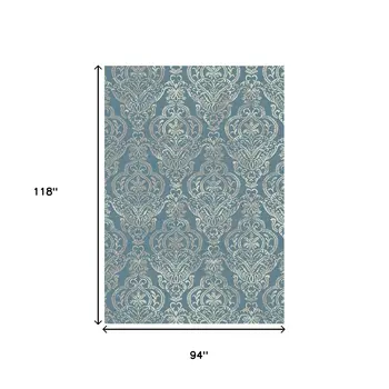 8' X 10' Blue and Beige Damask Distressed Area Rug