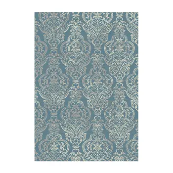 8' X 10' Blue and Beige Damask Distressed Area Rug