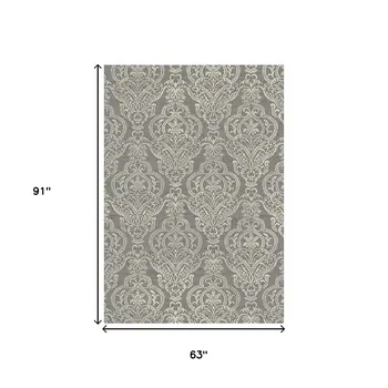 5' X 8' Gray and Beige Damask Area Rug