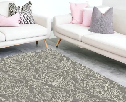 8' X 10' Gray and Beige Damask Area Rug