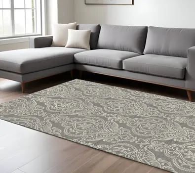 8' X 10' Gray and Beige Damask Area Rug