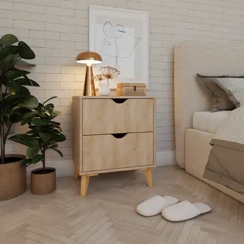 24" Natural Wood Two Drawer Nightstand