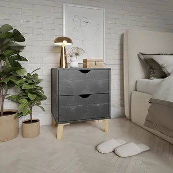 24" Black Wood Two Drawer Nightstand