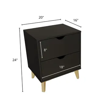 24" Black Wood Two Drawer Nightstand