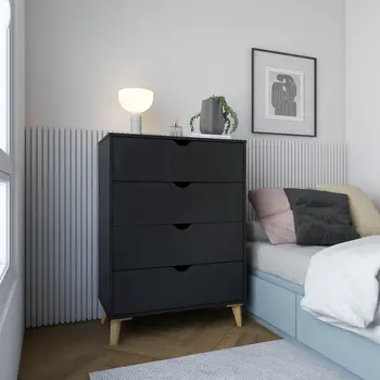 30" Black And Natural Wood Four Drawer Dresser