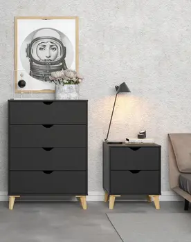 30" Black And Natural Wood Four Drawer Dresser