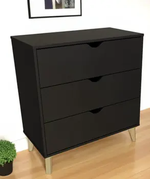 30" Black And Natural Wood Three Drawer Dresser