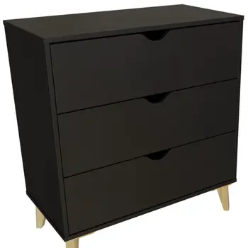 30" Black And Natural Wood Three Drawer Dresser