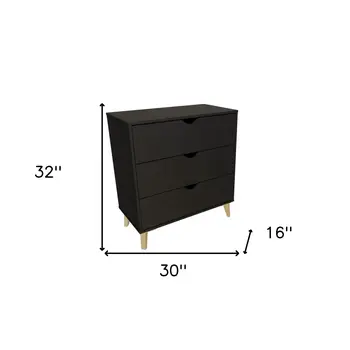 30" Black And Natural Wood Three Drawer Dresser