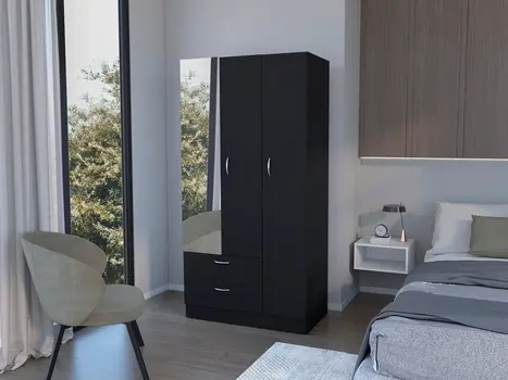 71" Black Mirrored Two Door Two Drawer Combo Dresser