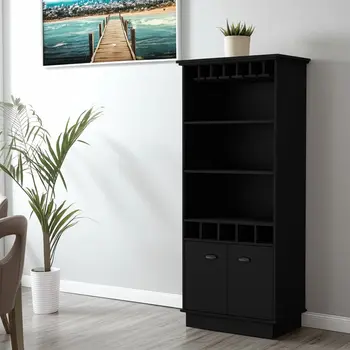 70" Black Wood Bar Cabinet With Two Doors