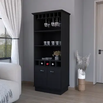 70" Black Wood Bar Cabinet With Two Doors