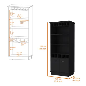 70" Black Wood Bar Cabinet With Two Doors