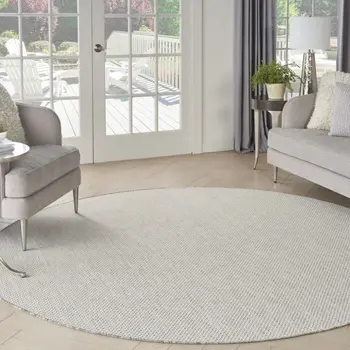 10' Ivory And Gray Round Geometric Indoor Outdoor Area Rug