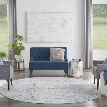 8' Ivory Blue and Gray Abstract Round Rug