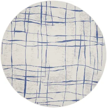 8' Ivory and Blue Abstract Distressed Round Rug