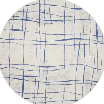 8' Ivory and Blue Abstract Distressed Round Rug