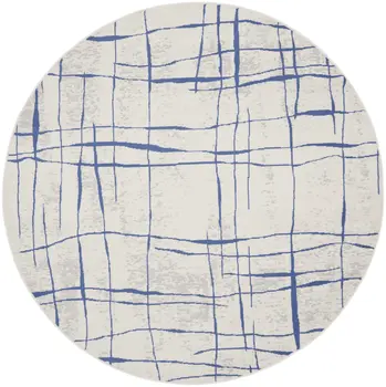 8' Ivory and Blue Abstract Distressed Round Rug