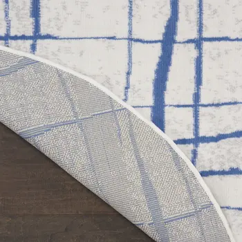 8' Ivory and Blue Abstract Distressed Round Rug