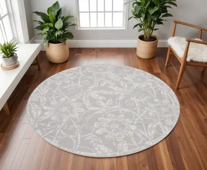 8' Ivory and Gray Floral Distressed Round Rug