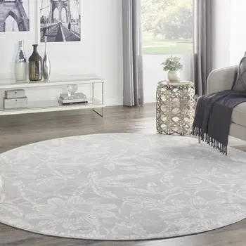 8' Ivory and Gray Floral Distressed Round Rug
