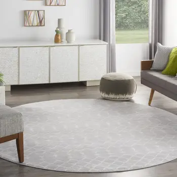 8' Gray and Ivory Geometric Round Rug