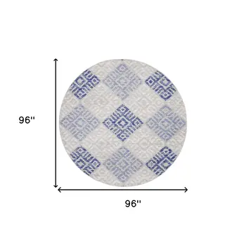 8' Beige Blue and Gray Geometric Round Rug