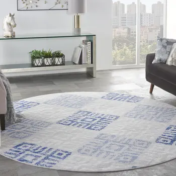 8' Beige Blue and Gray Geometric Round Rug