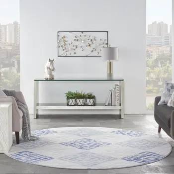 8' Beige Blue and Gray Geometric Round Rug