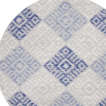 8' Beige Blue and Gray Geometric Round Rug