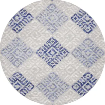8' Beige Blue and Gray Geometric Round Rug