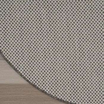8' Ivory And Charcoal Round Geometric Indoor Outdoor Area Rug