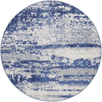 8' Ivory and Navy Blue Abstract Round Rug