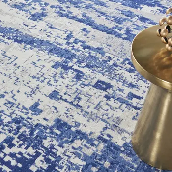 8' Ivory and Navy Blue Abstract Round Rug