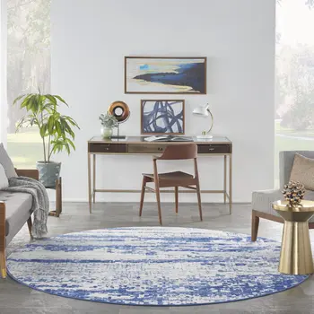 8' Ivory and Navy Blue Abstract Round Rug