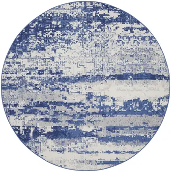 8' Ivory and Navy Blue Abstract Round Rug
