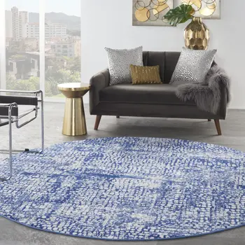 8' Ivory and Navy Blue Abstract Round Rug