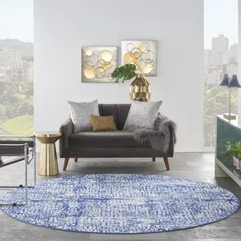 8' Ivory and Navy Blue Abstract Round Rug