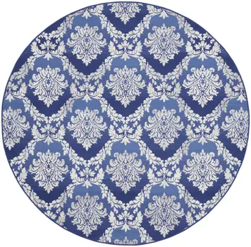 8' Ivory and Blue Damask Distressed Round Rug