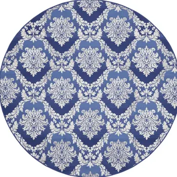 8' Ivory and Blue Damask Distressed Round Rug