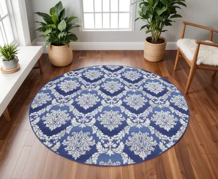 8' Ivory and Blue Damask Distressed Round Rug